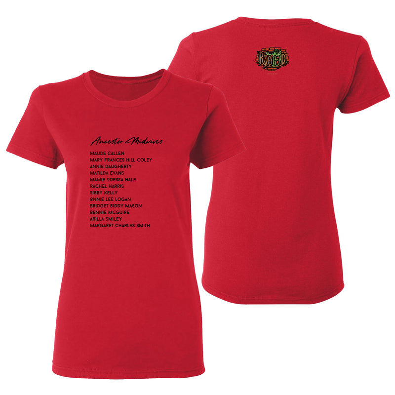 Rootead Ancestors Midwives Ladies T-Shirt- Red
